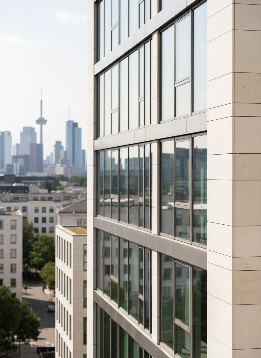 A meticulously maintained modern office building facade in Frankfurt, photographed in crisp daylight. The focus is on spotless glass windows with subtle reflections of the Frankfurt skyline, including a hint of the Main Tower in the distance within a 50 km urban landscape. The building’s light stone and metal surfaces appear freshly cleaned, with no streaks or smudges. Soft, diffused midday sunlight enhances the clarity and cleanliness, casting gentle, precise shadows along the architectural lines. The composition is at eye level, using the rule of thirds to balance the building with a slightly blurred, elegant city backdrop. The mood is sophisticated, professional, and orderly, with photographic realism and a clean, modern aesthetic that conveys premium facility management and comprehensive Objektbetreuung.