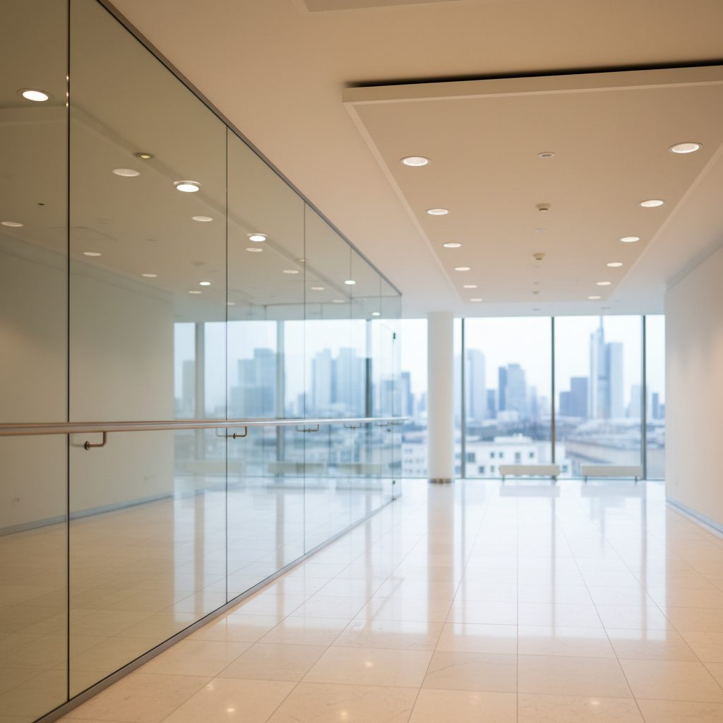 An immaculate, high-end lobby interior in a Frankfurt office building, captured in photographic realism. Polished stone flooring gleams, reflecting subtle highlights from recessed ceiling lights. A pristine glass partition and metal handrail are perfectly clean, with no fingerprints or dust. In the background, large windows reveal a soft-focus view of Frankfurt’s cityscape, suggesting the 50 km service radius. The lighting is a blend of warm artificial downlights and gentle natural daylight, creating a calm yet refined atmosphere. Shot from a slightly elevated angle, the composition emphasizes long, clean lines leading into the space, with sharp focus throughout. The overall mood is sophisticated, orderly, and welcoming, illustrating premium interior cleaning and maintenance services without any visible people or branding.
