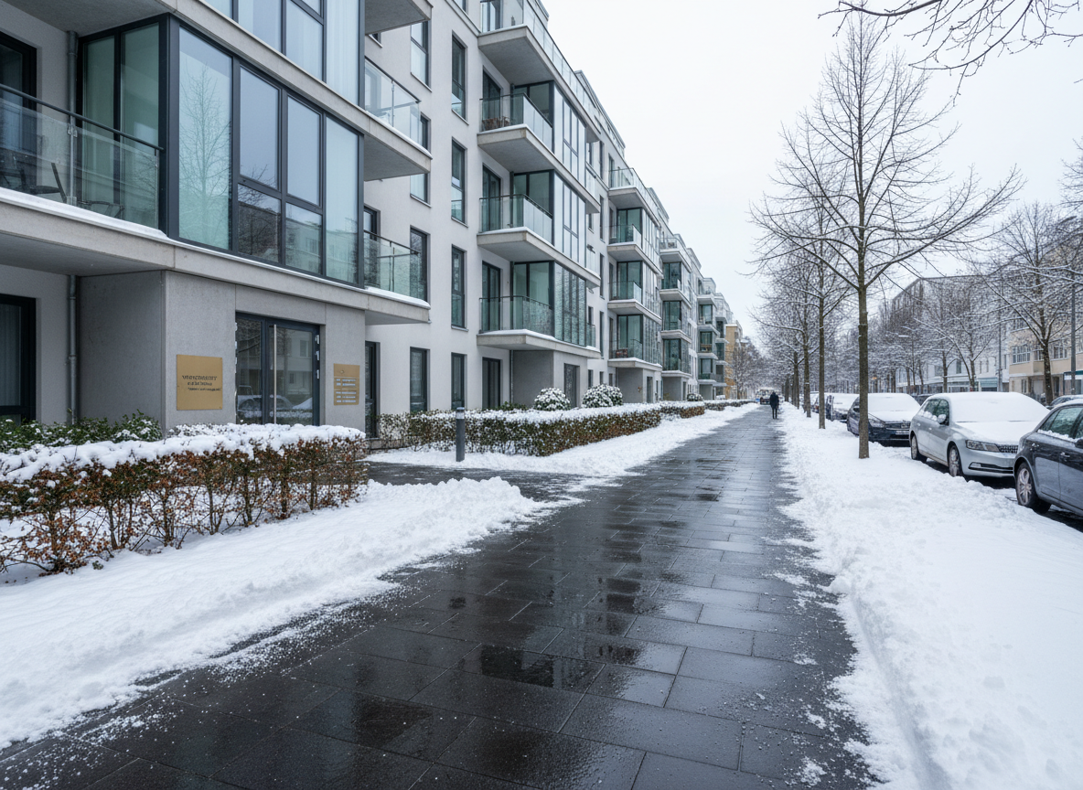 A pristine winter scene in a quiet Frankfurt residential street within the 50 km service area, captured in photographic realism. The central focus is a cleanly cleared sidewalk and entrance path leading to a modern apartment building, with evenly spread de-icing material visible on the edges. Snow is neatly pushed to the sides, forming orderly banks that contrast with the dark, cleared paving. The building’s facade and windows are free of snow buildup, suggesting attentive winter services and facility care. Overcast daylight creates soft, diffused lighting with minimal shadows, enhancing the calm, secure atmosphere. Shot from eye level with sharp focus throughout, the composition emphasizes safety and accessibility, while the muted winter palette and tidy environment project a sophisticated, reliable Winterdienst.