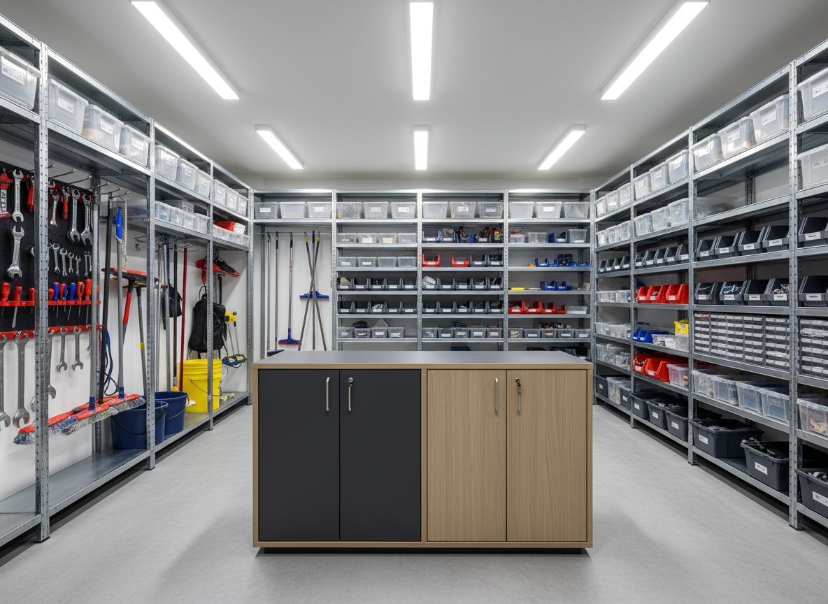 A well-organized, modern utility and storage area in the basement of a Frankfurt commercial building, illustrating professional Hausmeisterservice and Möbelmontage. Shelving units hold neatly arranged tools, high-quality cleaning equipment, and labeled storage boxes, all spotless and in perfect order. In the foreground, a recently assembled, contemporary office cabinet stands square and level on clean concrete flooring, emphasizing precise furniture assembly. Cool, even LED lighting from overhead creates a bright, shadow-minimized environment that feels efficient and controlled. The photograph is composed from a slightly wide-angle perspective, capturing the depth of the room while keeping all elements in crisp focus. The mood is highly organized, methodical, and professional, embodying sophisticated facility management operations behind the scenes, without any people or visible logos.