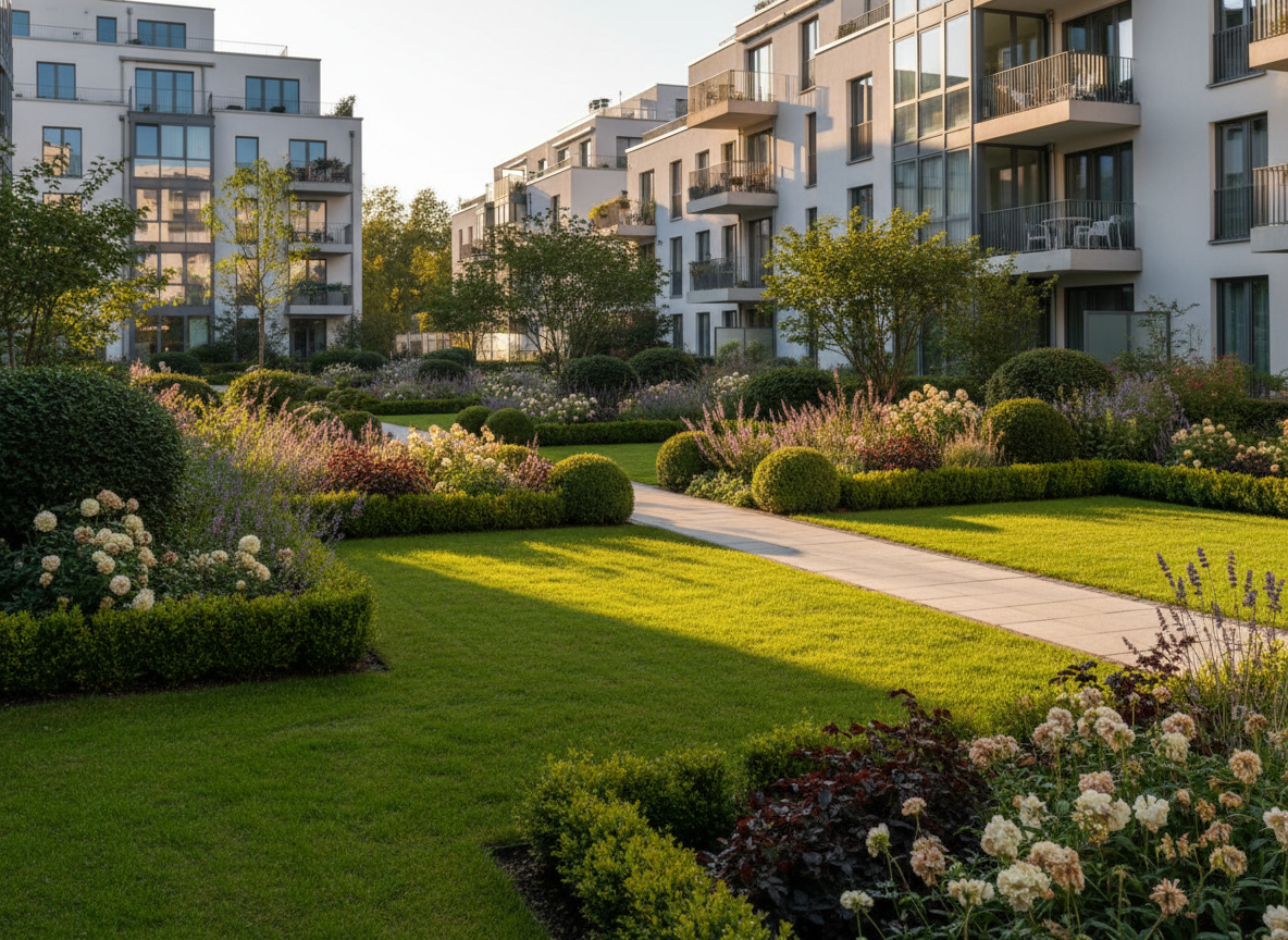 A carefully tended garden courtyard of a modern residential complex near Frankfurt, photographed during soft late-afternoon light. The foreground shows perfectly edged green lawns, neatly trimmed hedges, and sculpted shrubs framing a clean stone pathway with no debris. Seasonal flower beds in muted, elegant colors add subtle sophistication. In the distance, contemporary apartment buildings with spotless windows hint at comprehensive facility management for the entire property. Golden hour sunlight casts warm, elongated shadows, giving depth to the textures of leaves, grass, and stone. Captured at a slightly low angle with a moderate depth of field, the composition leads the eye along the path, suggesting attentive garden care and outdoor maintenance. The mood is serene, upscale, and meticulously organized, conveying modern Gartenpflege within the Frankfurt region.