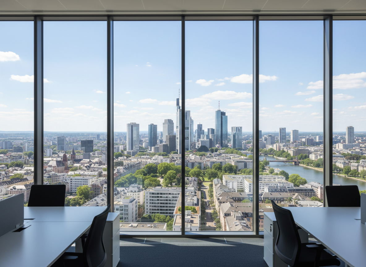 Makellos gereinigte Bürofenster mit Blick auf die Stadtkulisse