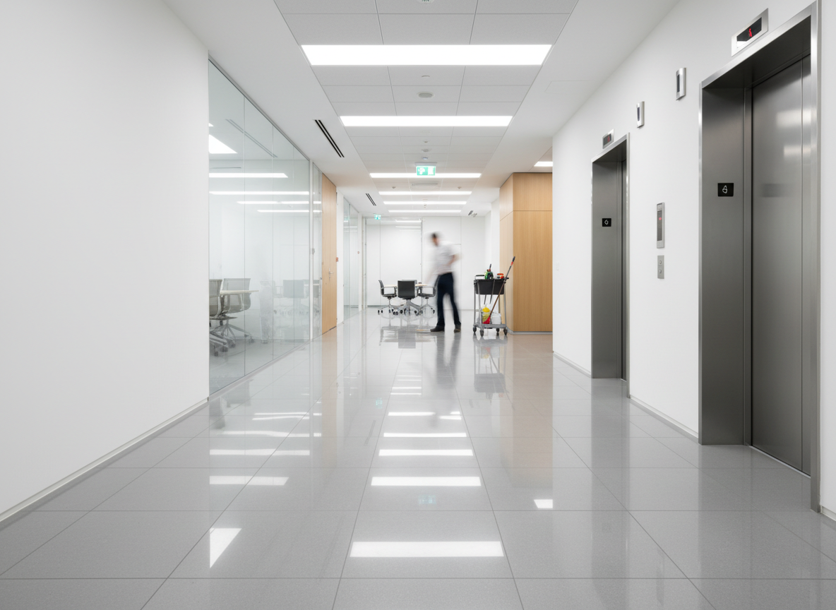 Professionell gereinigter Büroflur mit glänzendem Boden