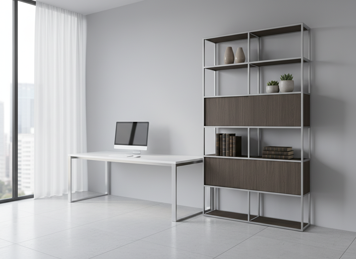 Frisch montiertes modernes Büromobiliar in einem hellen Büroraum